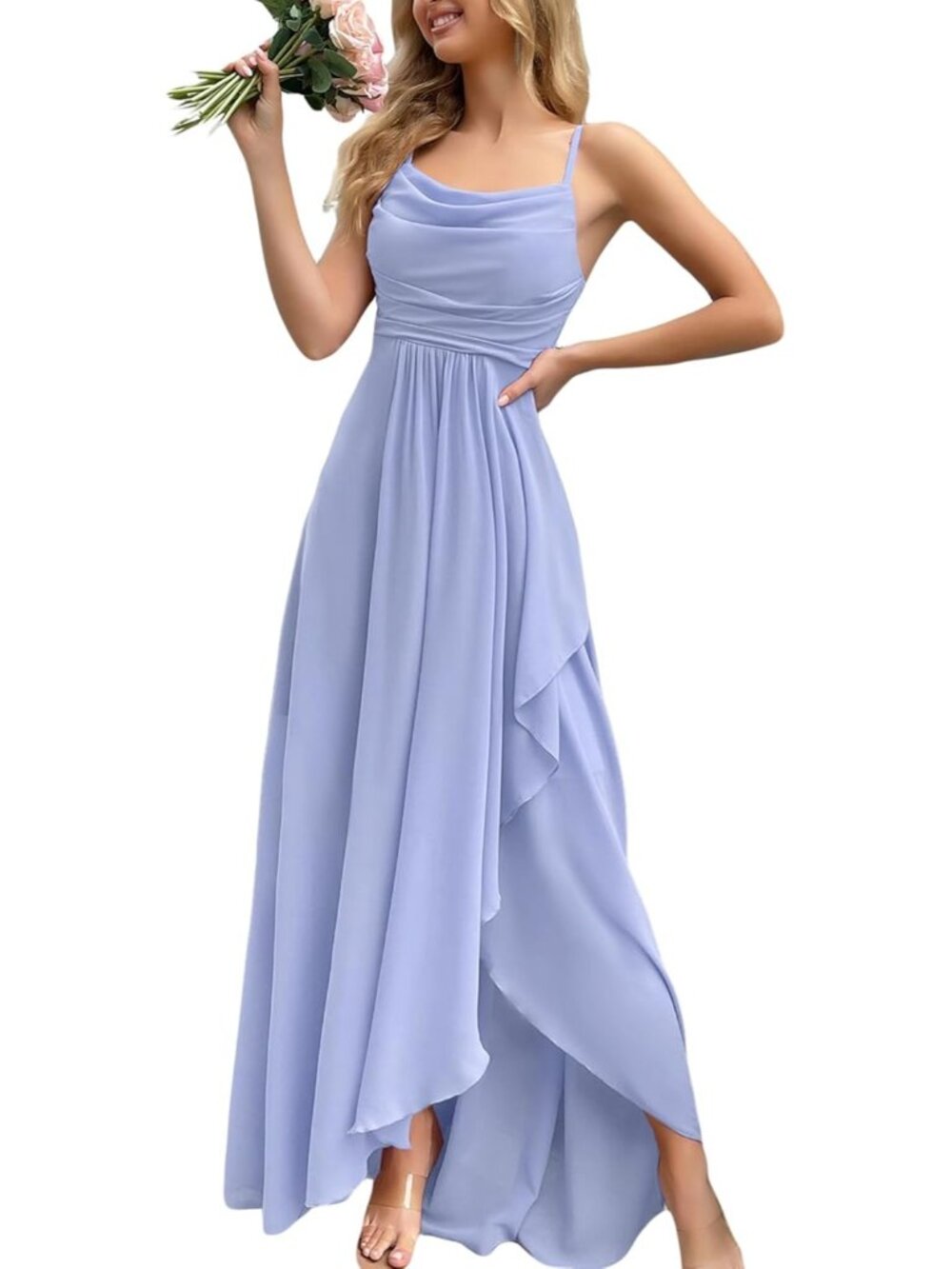 Women's Pale Blue Cowl Neck Spaghetti Strap Cocktail Bodycon Maxi Dress